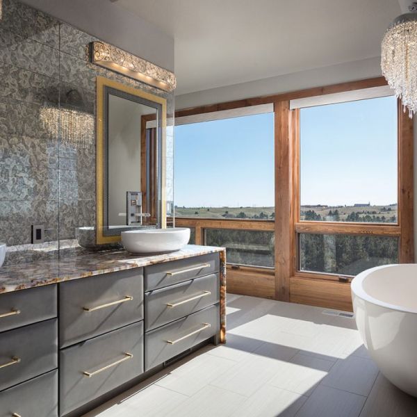 Andersen 400 Series Windows, Omega Pennison Cabinets in Battleship Grey with Iced Finish