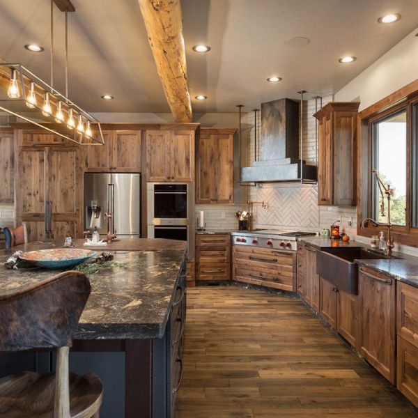 Woodland Cabinets in Rustic Walnut, Andersen 400 Series Windows, Kitchen Countertop accent – Wood Grothouse Wood Butcher Block