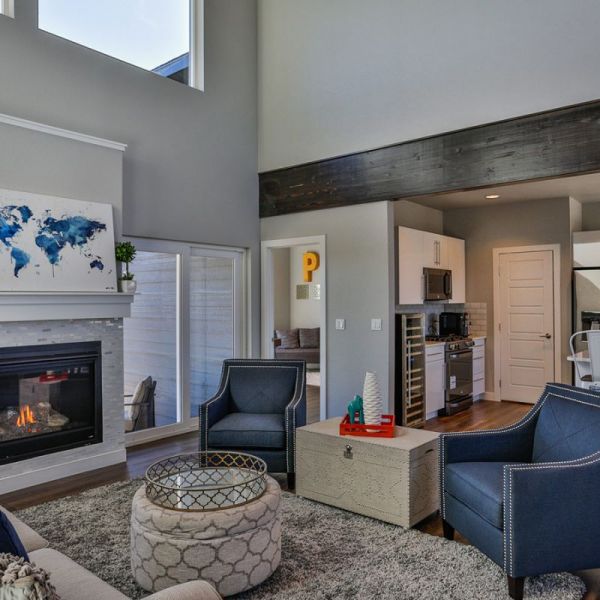 Heatilator Fireplace & Bayer Built 5-panel custom white interior doors & Vector windows
